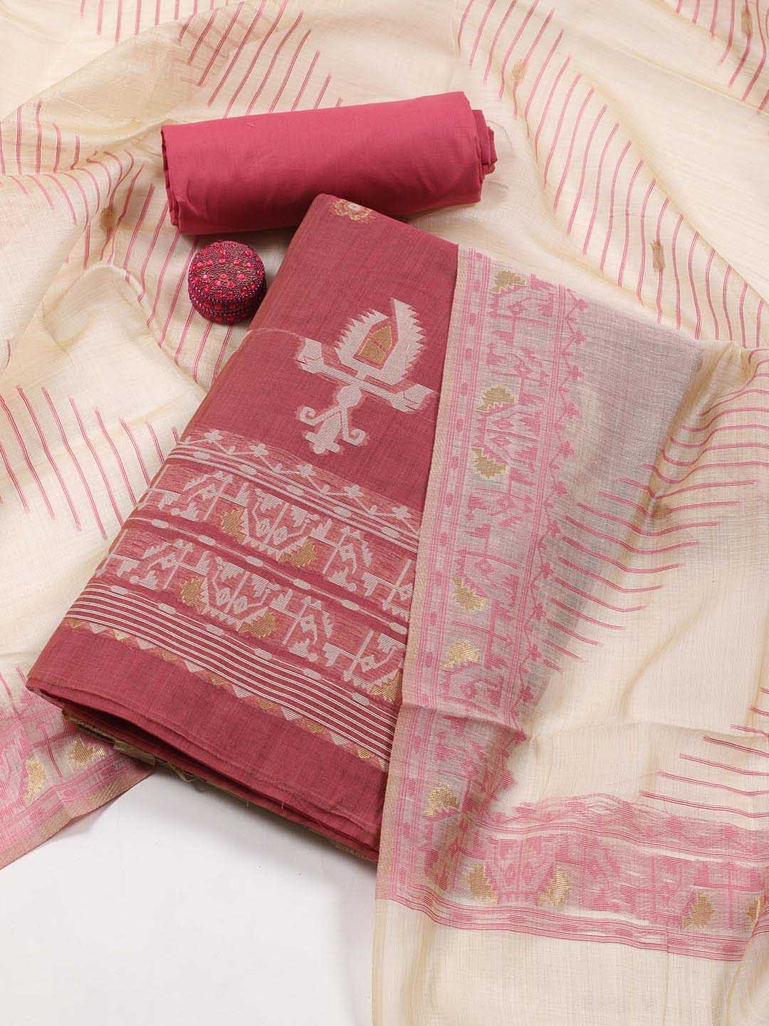 

Meena Bazaar Geometric Woven Design Chanderi Unstitched Dress Material, Pink