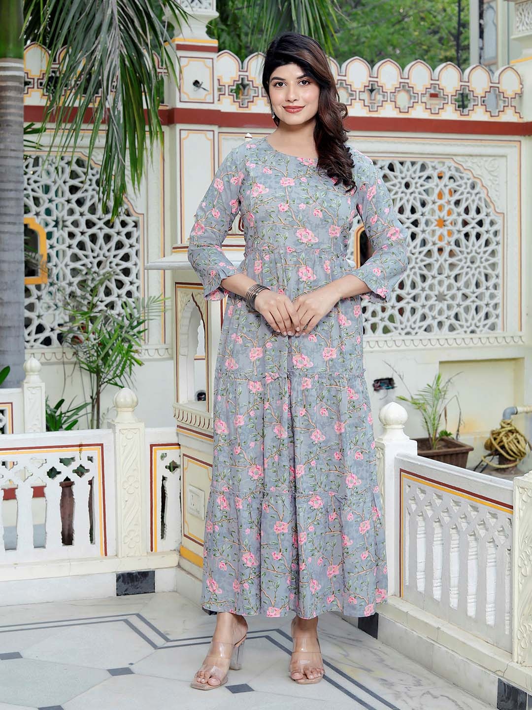 

SILAKIVA Floral Printed Round Neck Tierd Pure Cotton Anarkali Maternity Kurta, Grey