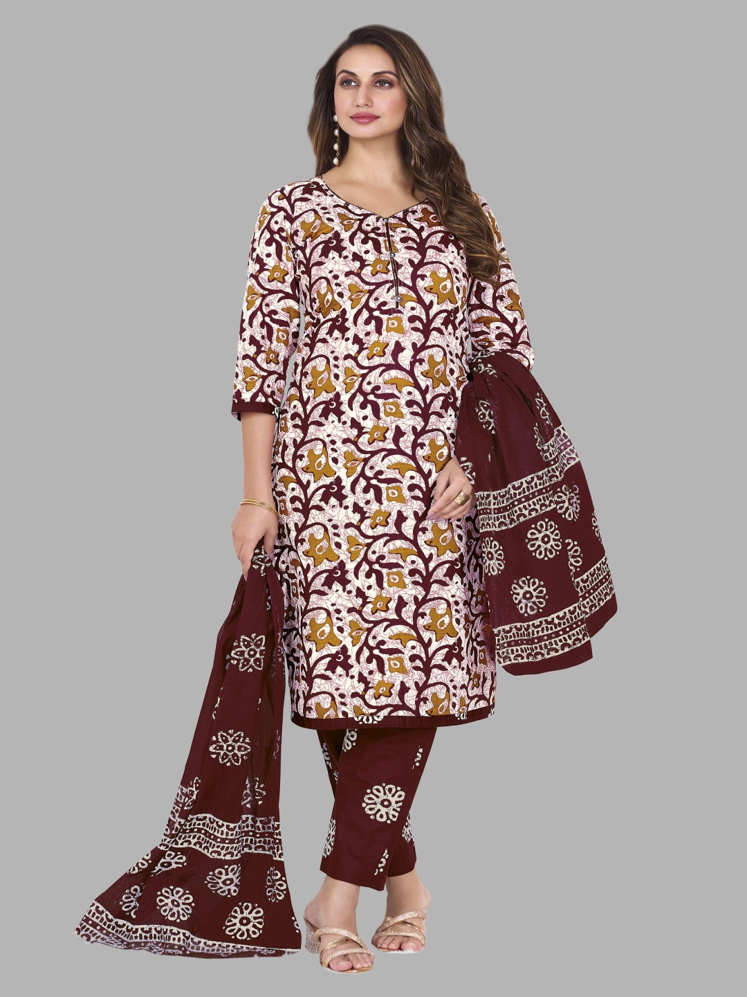 

shree jeenmata collection Women Printed Regular Pure Cotton Kurta with Churidar & With Dupatta, White