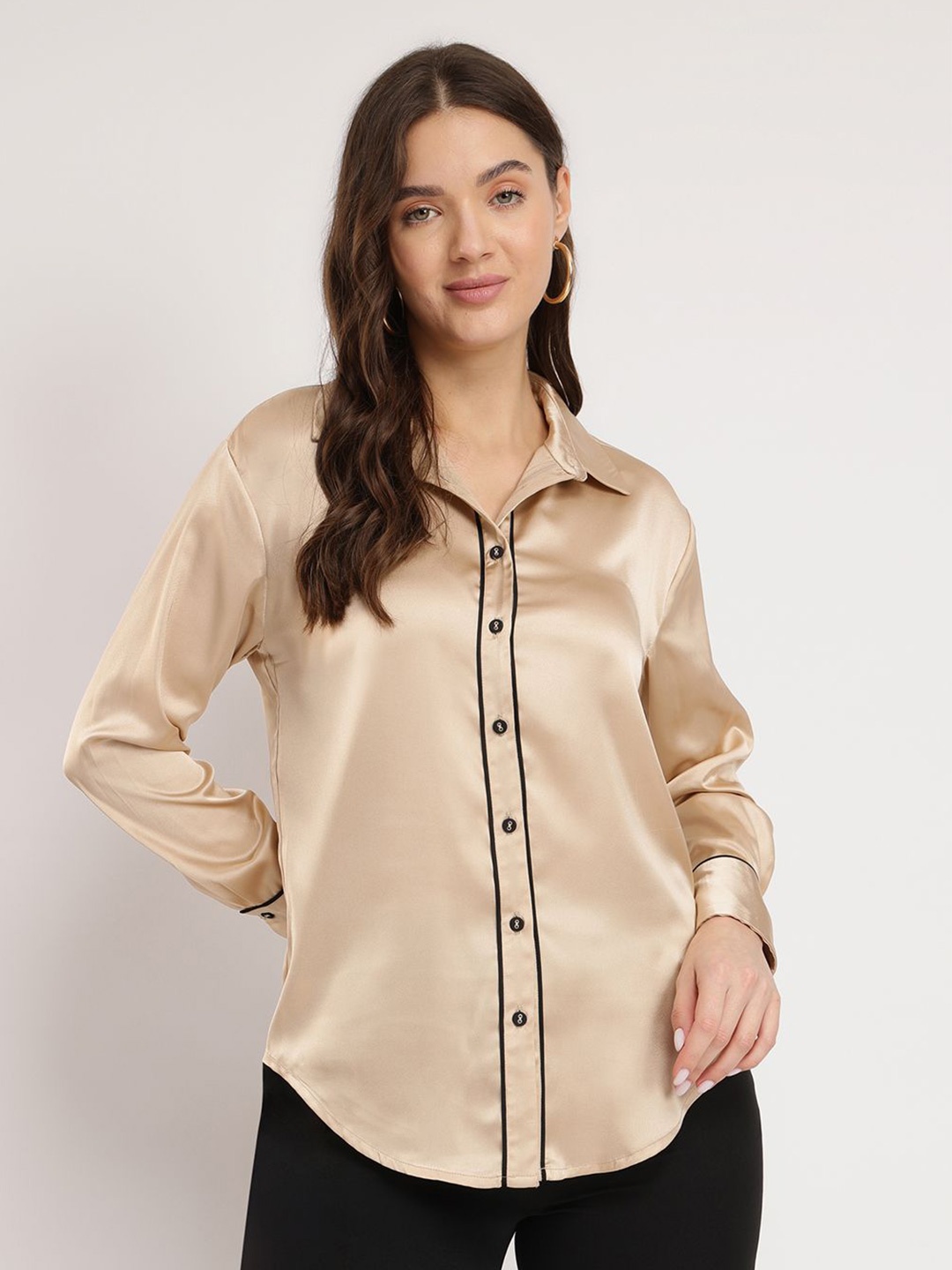 

FableStreet Women Comfort Fit Spread Collar Solid Satin Casual Shirt, Beige