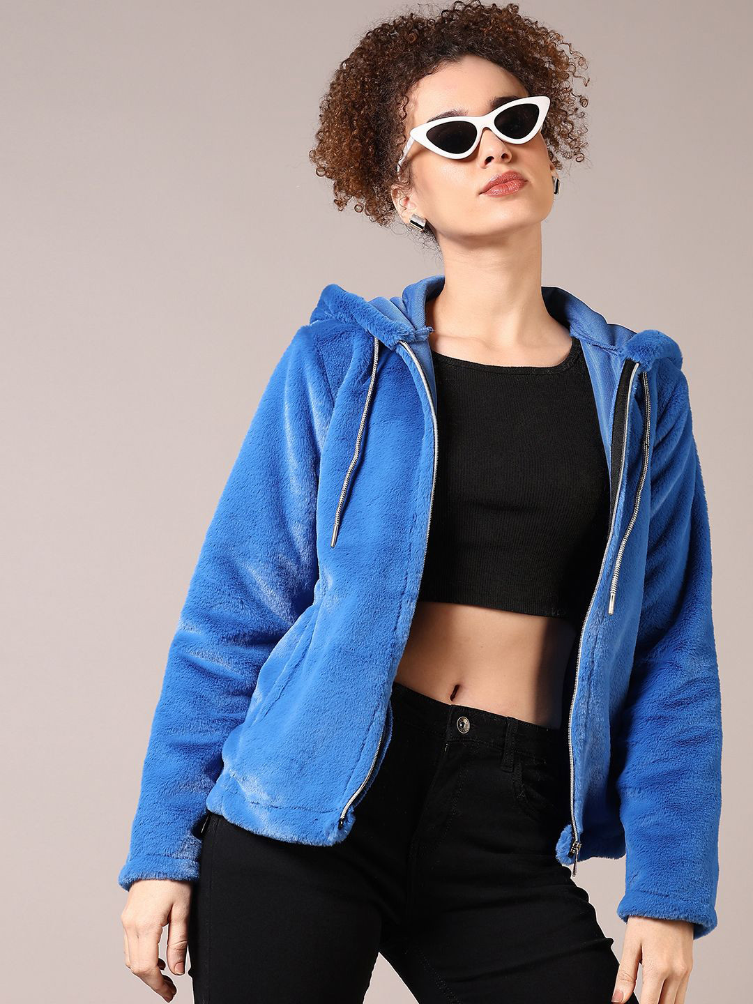 

V-Mart Women Fur Hooded Neck Sweatshirt, Blue