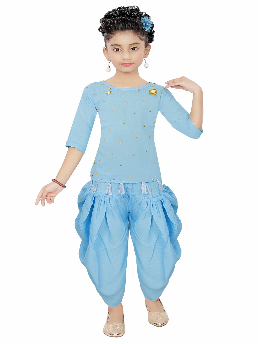 

Epochlite Girls Embellished Round Neck Top With Dhoti Pants, Blue