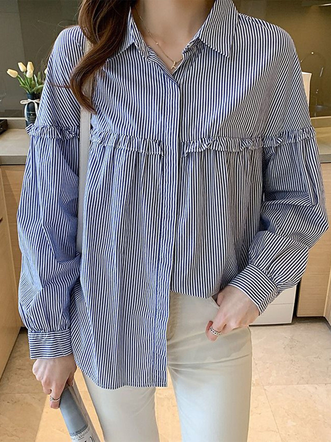 

StyleCast Women Striped Long Sleeves Cotton Oversized Shirt, Blue