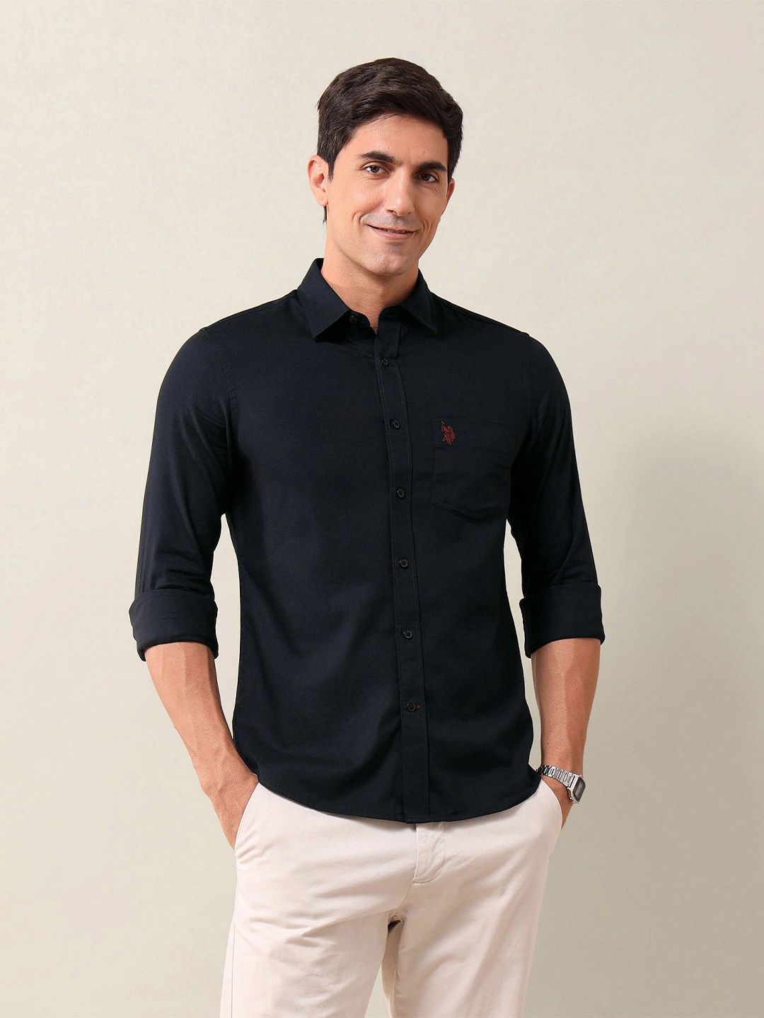 

U.S. Polo Assn. Men Spread Collar Solid Cotton Casual Shirt, Navy blue
