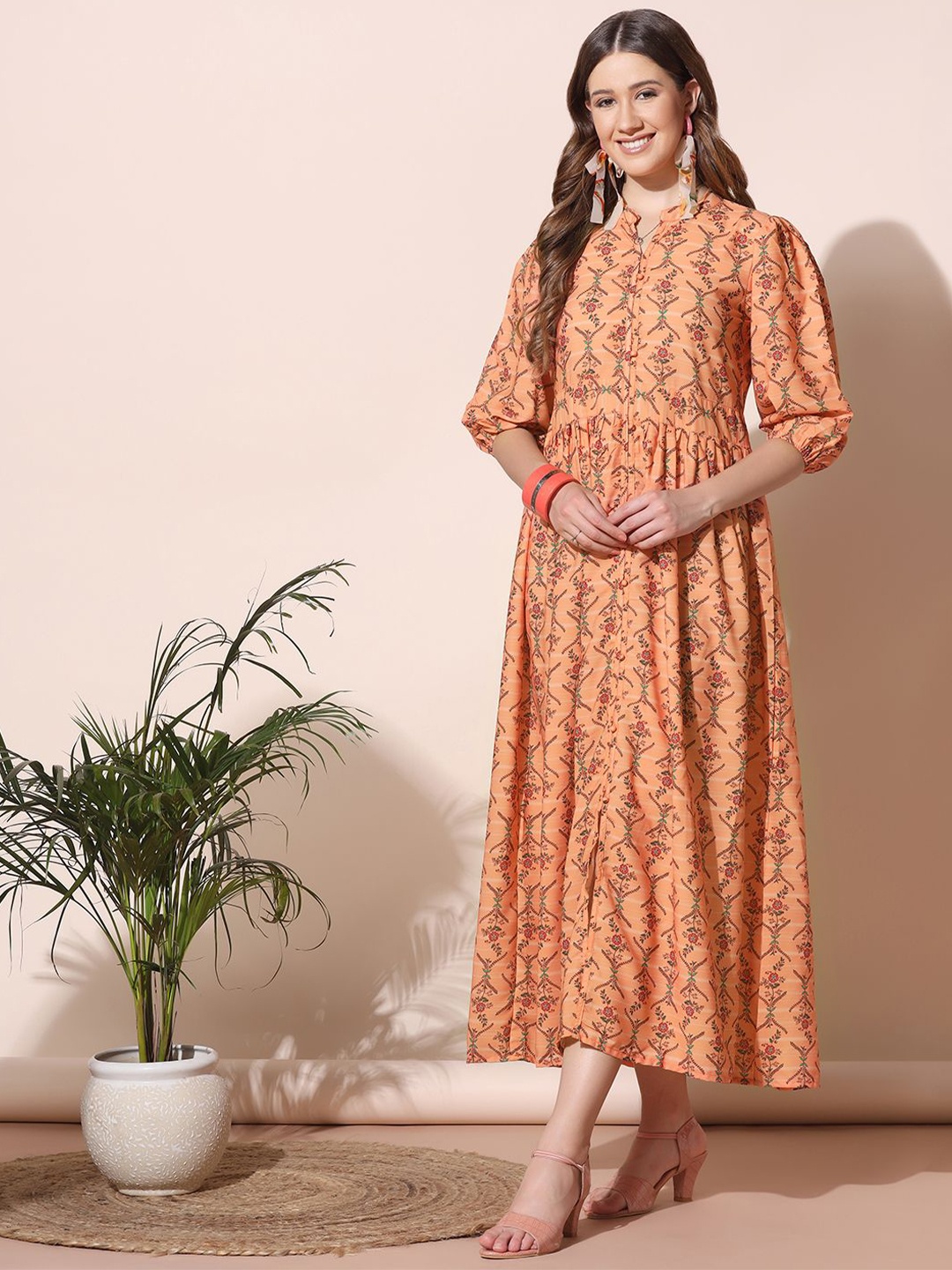 

BAESD Women Floral Printed Puff Sleeves Fit & Flare Midi Dress, Orange