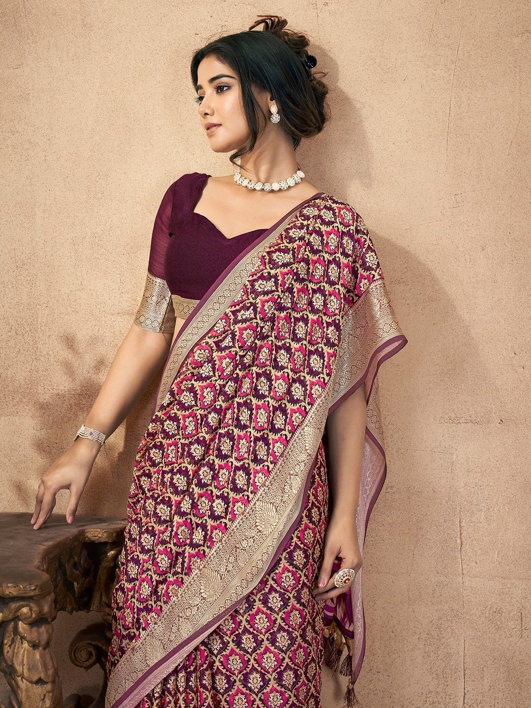 

all about you Floral Pure Chiffon Saree, Magenta