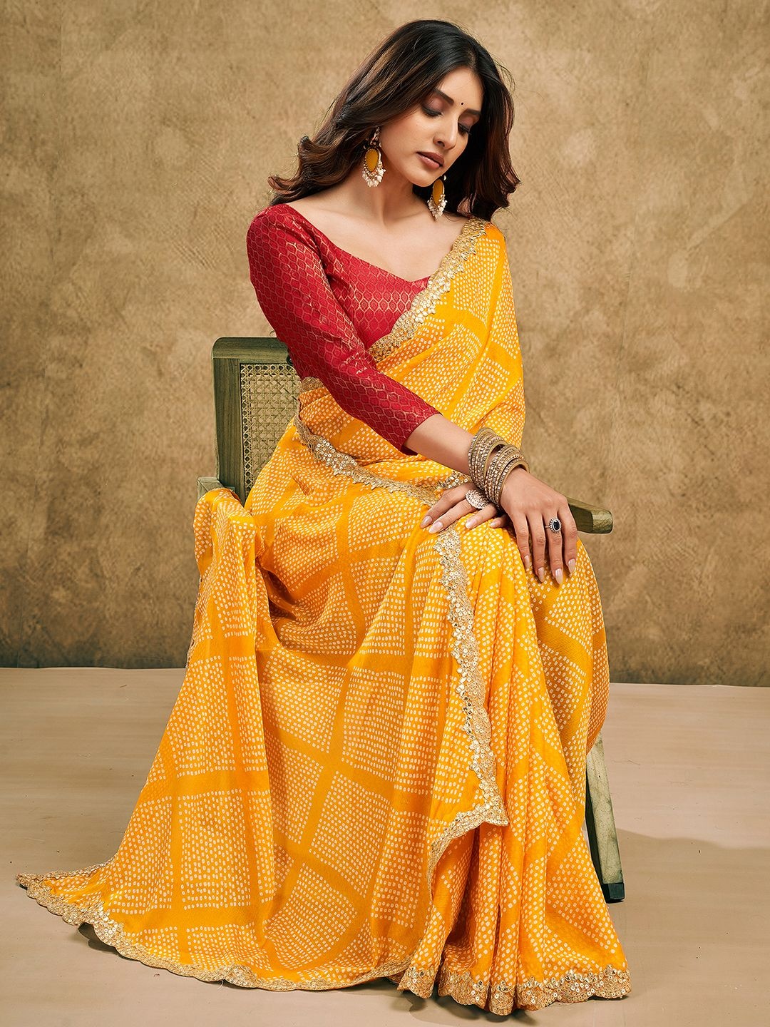 

Satrani Bandhani Printed Sequinned Pure Chiffon Bandhani Saree, Yellow