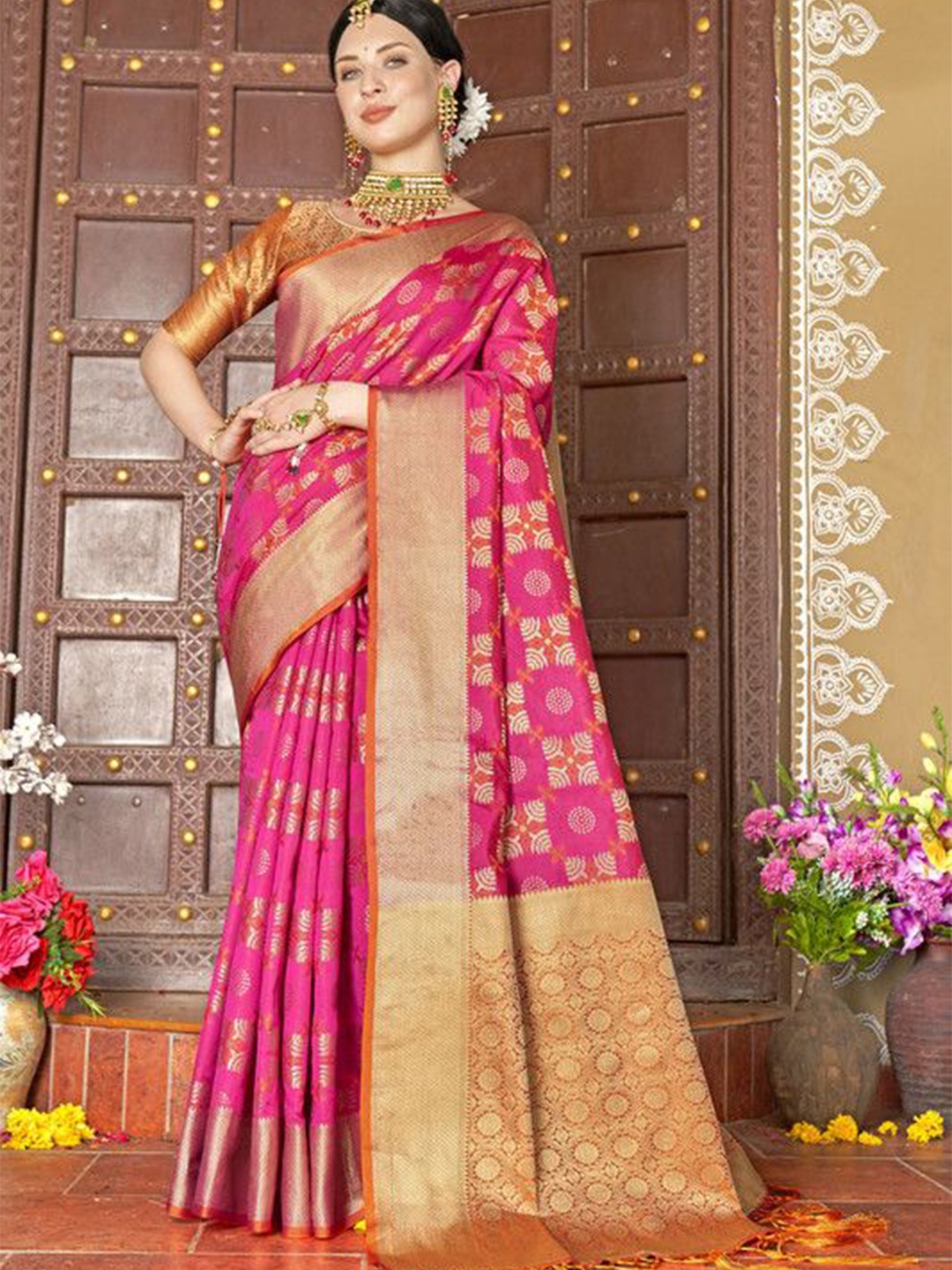 

sagarika Ethnic Motifs Zari Organza Banarasi Saree, Pink