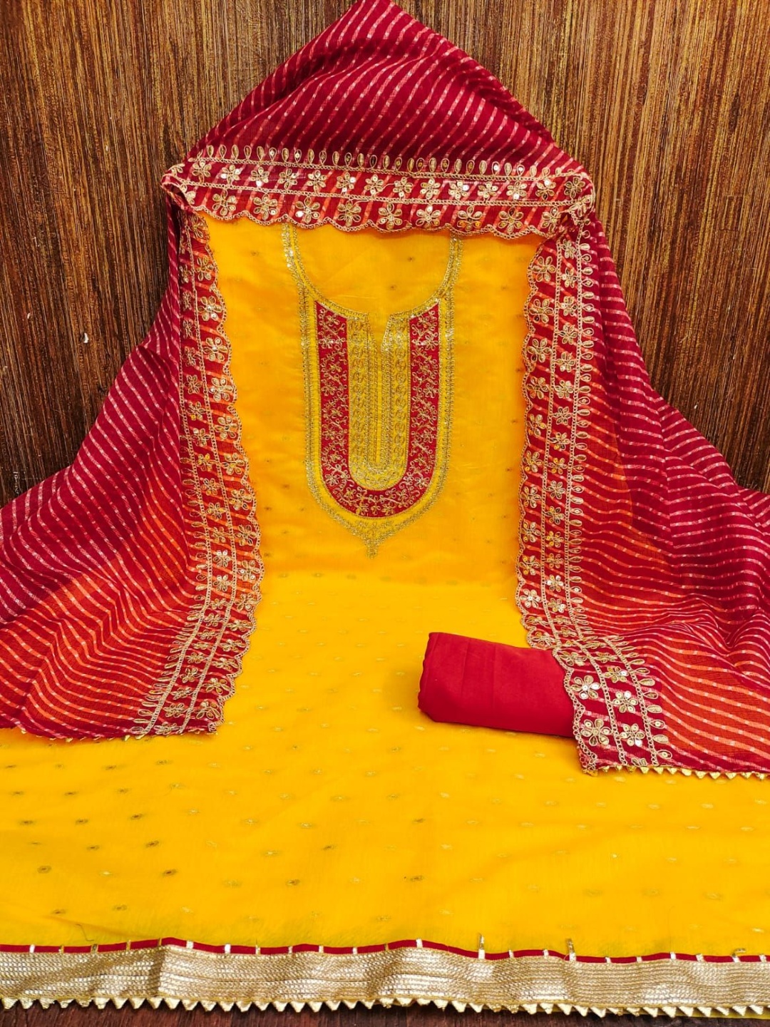 

HERE&NOW Floral Embroidered Chanderi Silk Unstitched Dress Material, Yellow