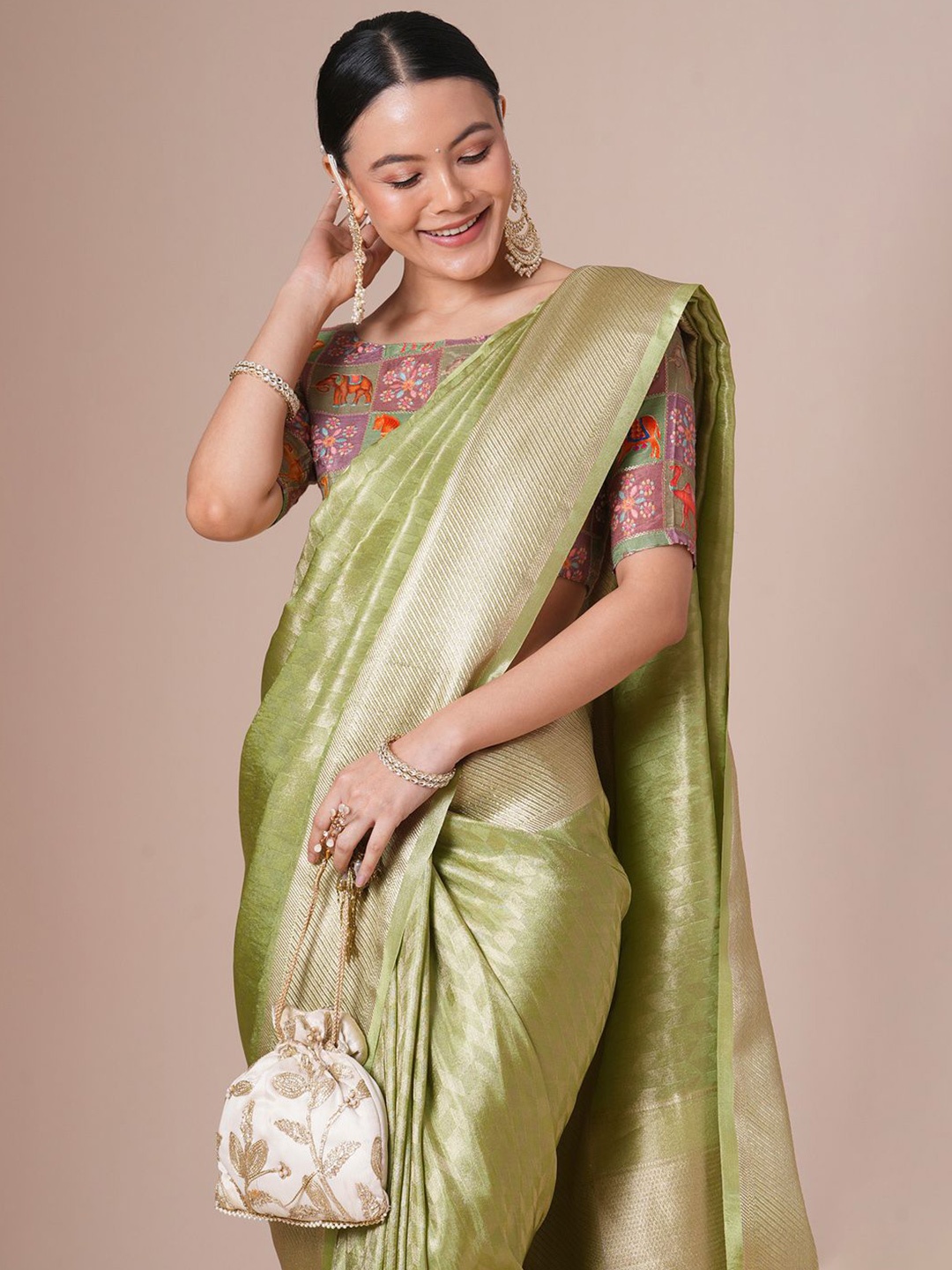 

House of Pataudi Woven Designed Festive Wear Saree With Blouse, Green