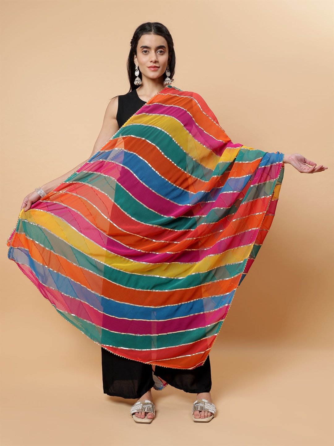 

Moda Chales Striped Georgette Dupatta With Gotta Patti, Orange