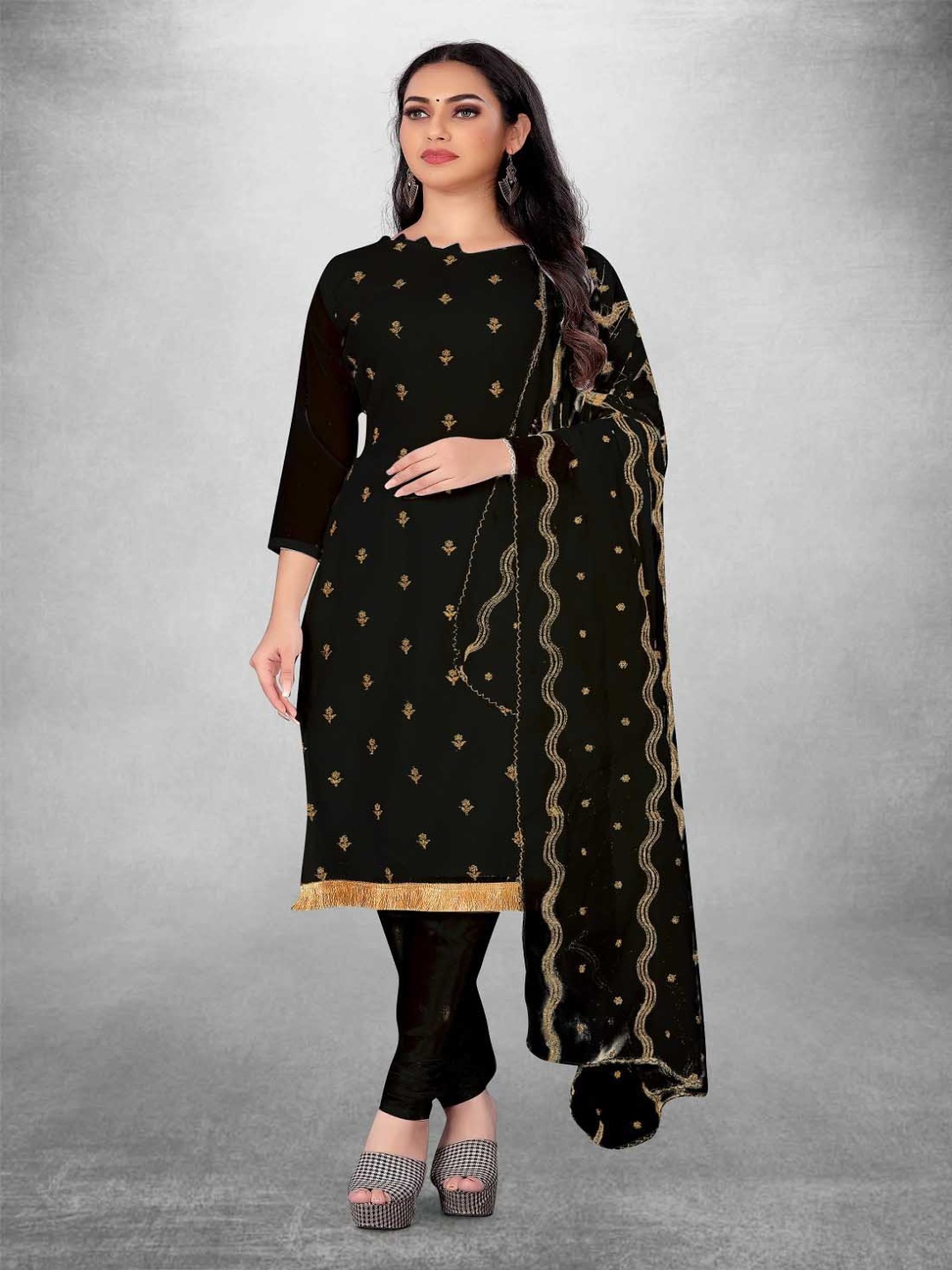 

Aika Floral Embroidered Georgette Unstitched Dress Material, Black