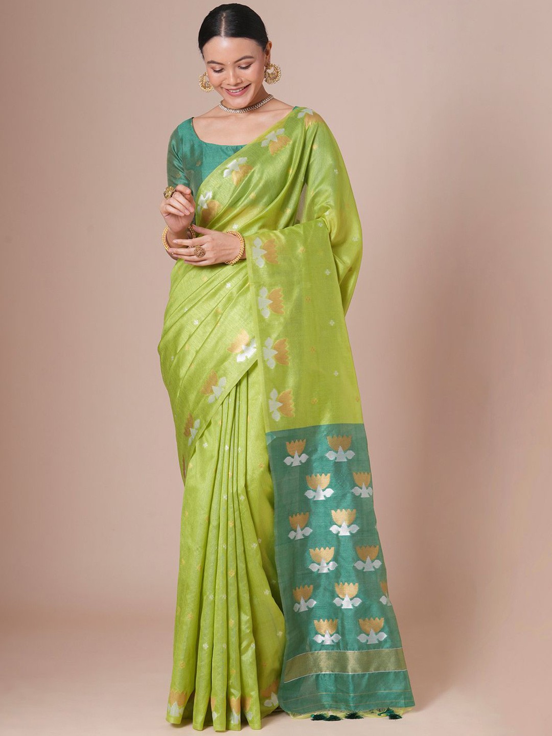 

House of Pataudi Woven Design Jamdan Saree With Blouse Piece, Green