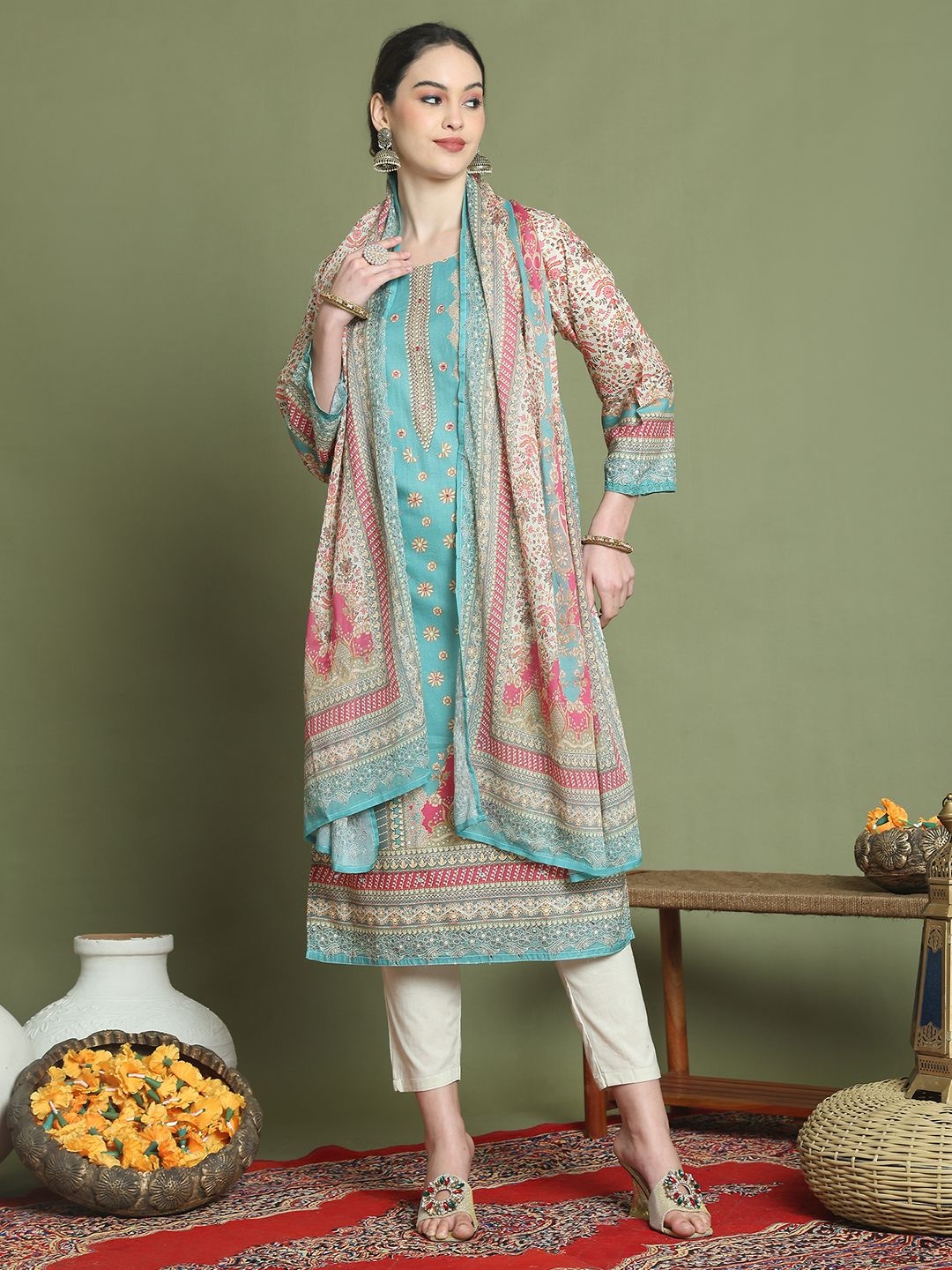 

Stylee LIFESTYLE Ethnic Motifs Printed Pure Silk Kurta With Trouser And Dupatta, Teal