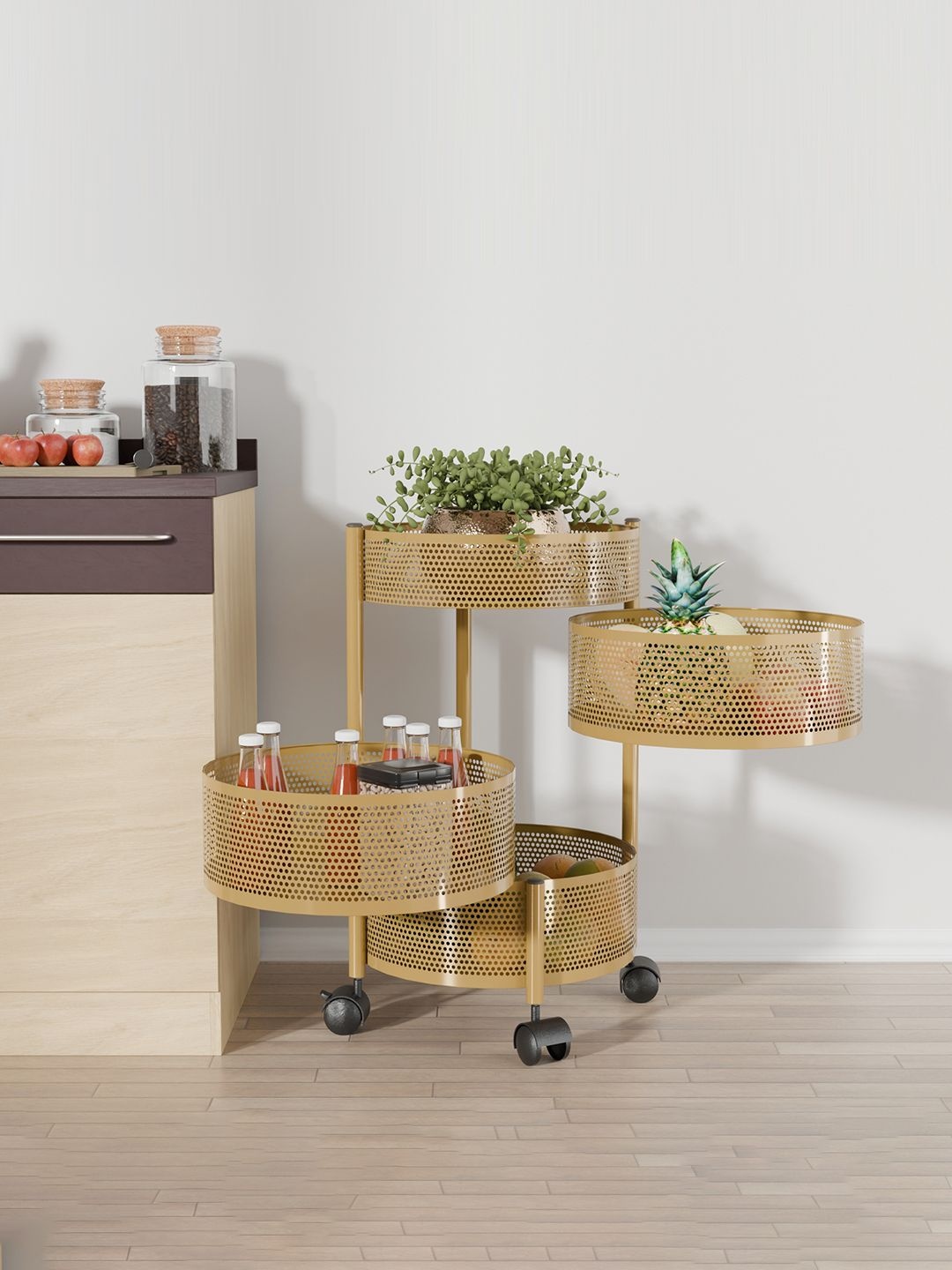 

Kuber Industries 3+1 Layer Kitchen Metal Storage Rack with Wheels Gold Kitchen Trolley