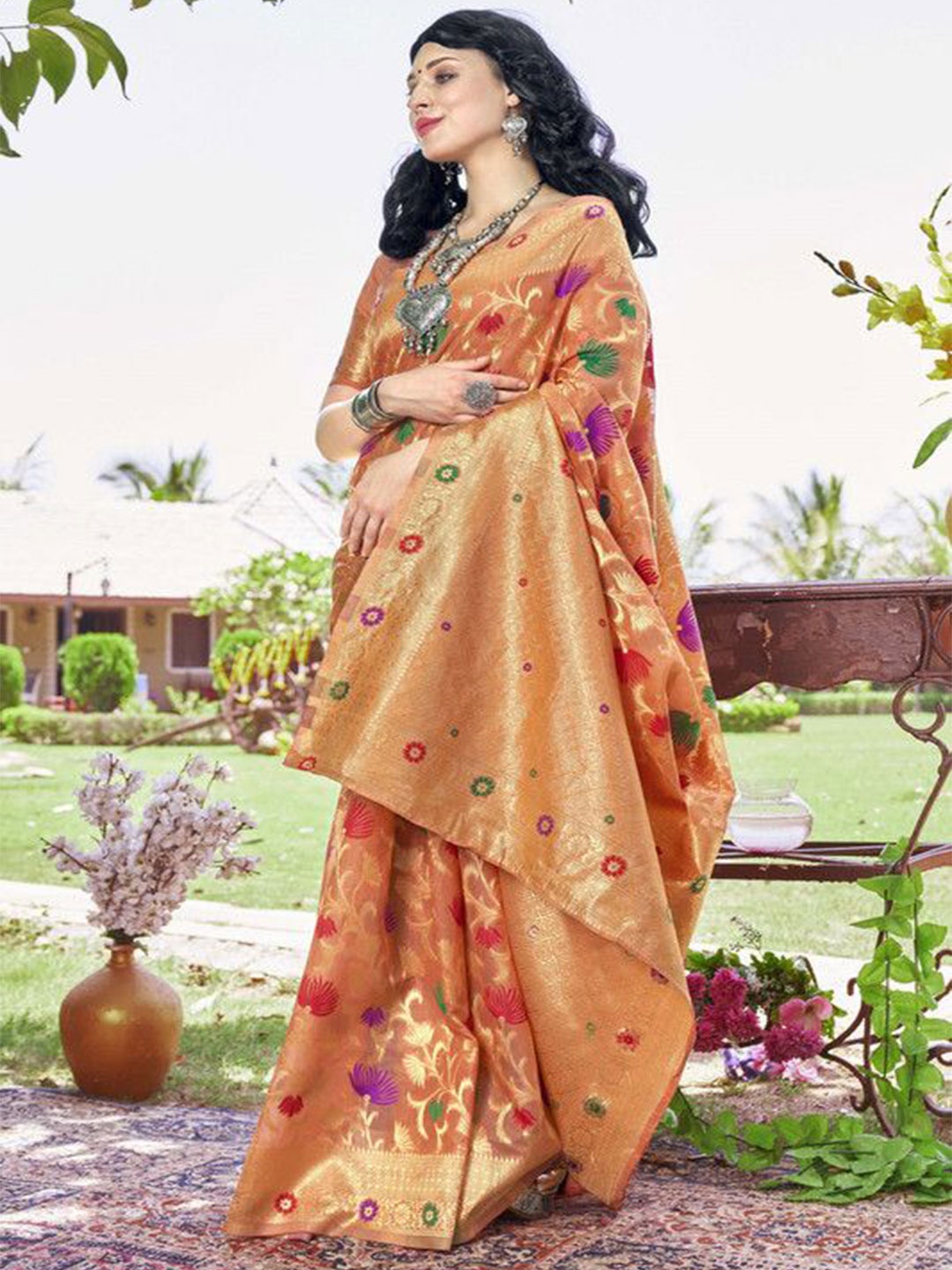 

sagarika Woven Design Zari Designer Chanderi Saree, Orange