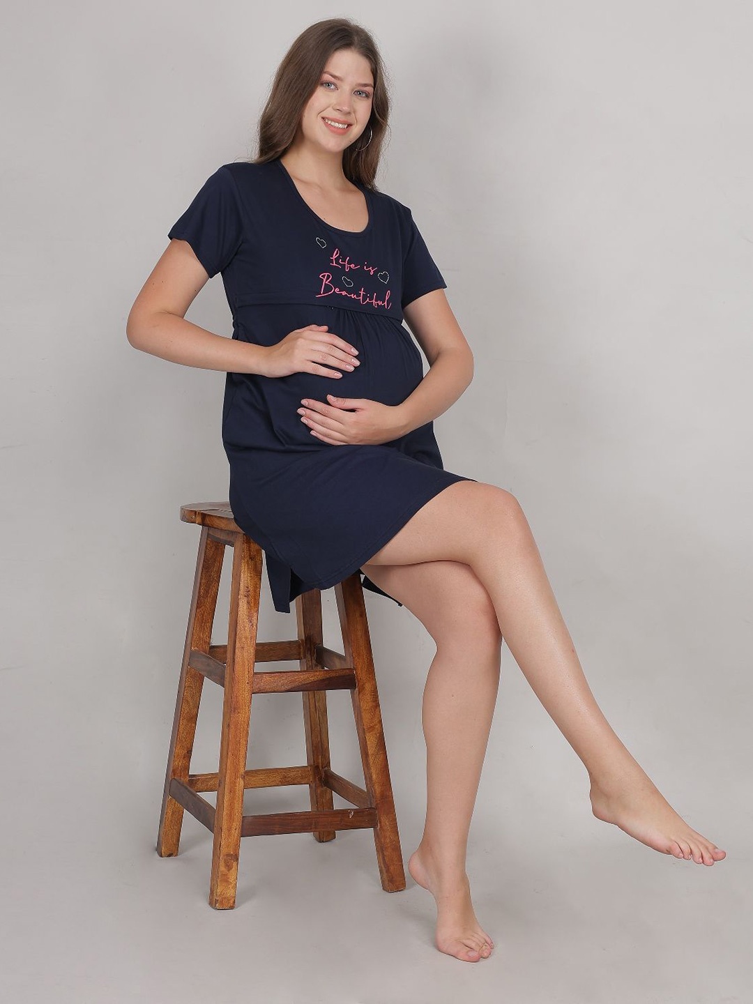 

Fabme Women Printed Pure Cotton Maternity Nightdress, Navy blue