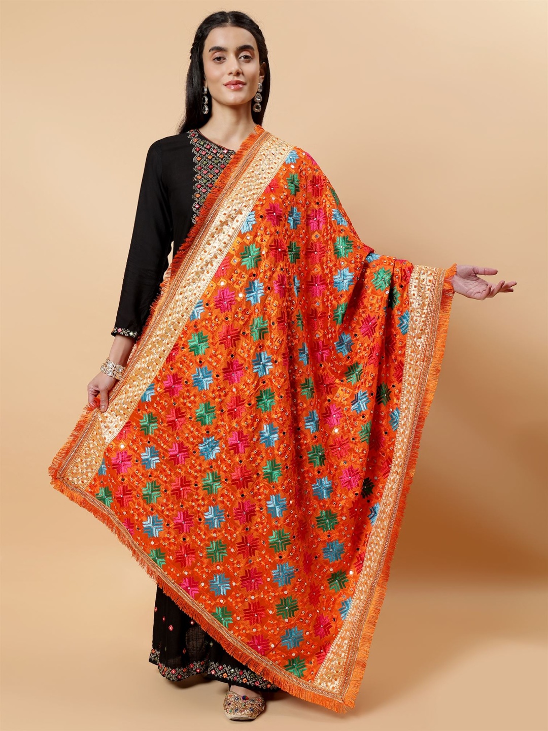 

Moda Chales Ethnic Motifs Embroidered Mirror Work Phulkari Dupatta, Orange