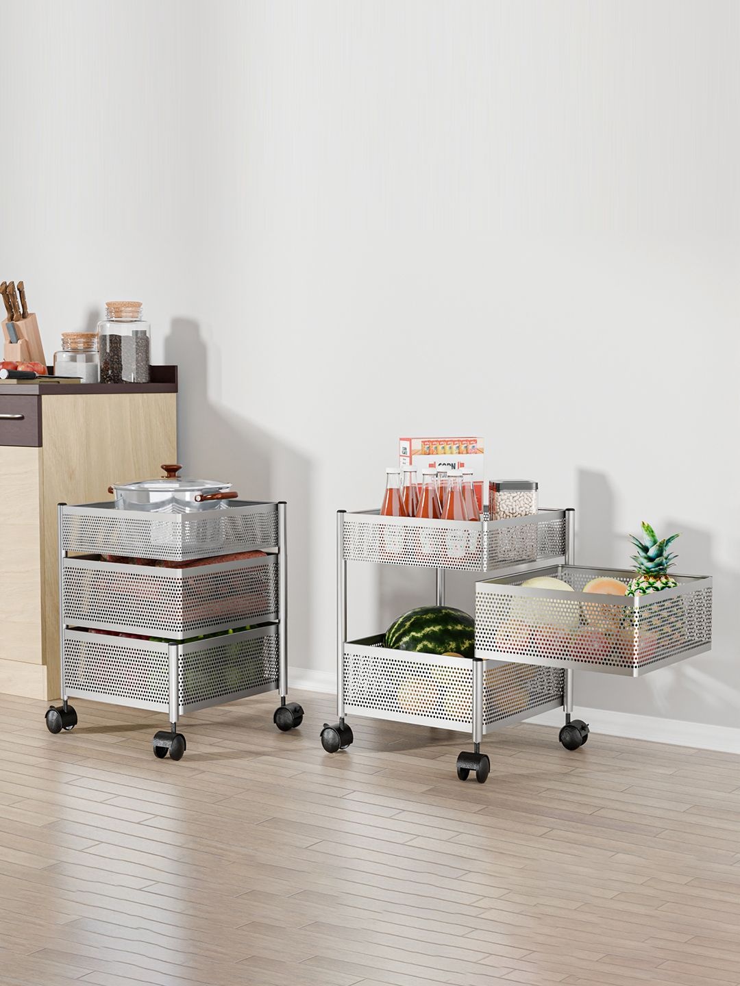 

Kuber Industries Silver-Toned 2 Pcs Kitchen 2+1 Layer Metal Storage Kitchen Trolley Silver