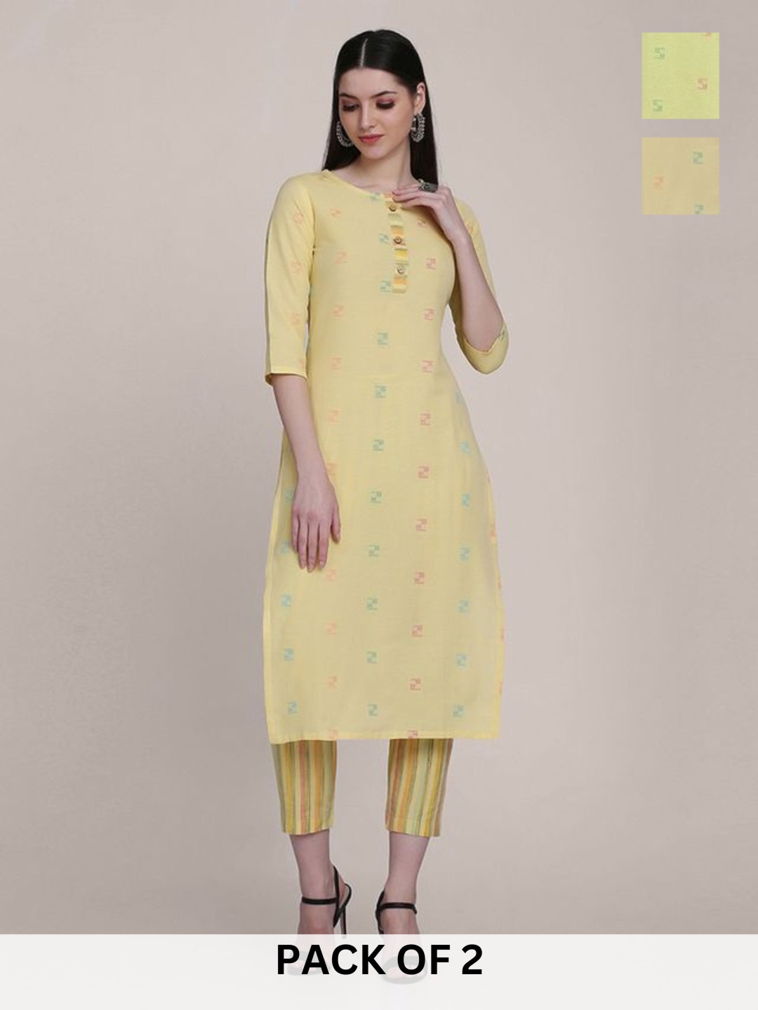 

KALINI Selection Of 2 Geometric Printed Round Neck Straight Kurta With Trouser, Yellow