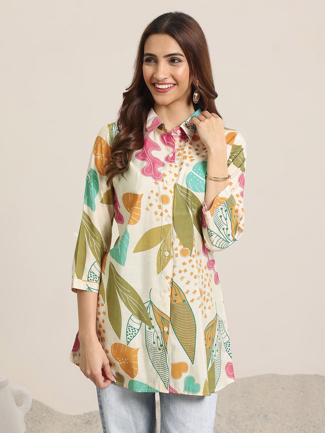 

Libas Floral Printed Shirt Collar Kurti, Beige