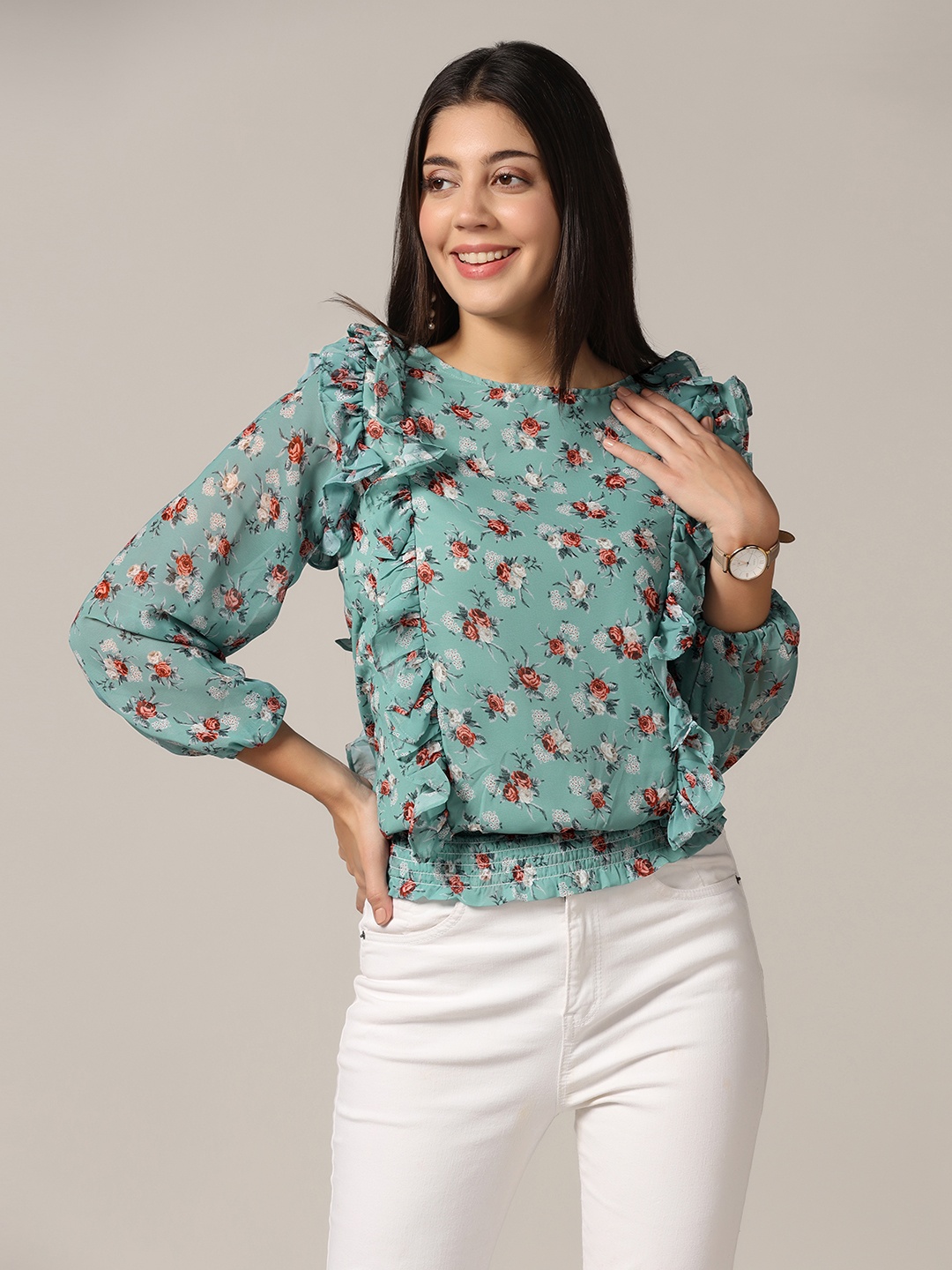 

BAESD Floral Print Puff Sleeve Ruffles Cotton Georgette Top, Green