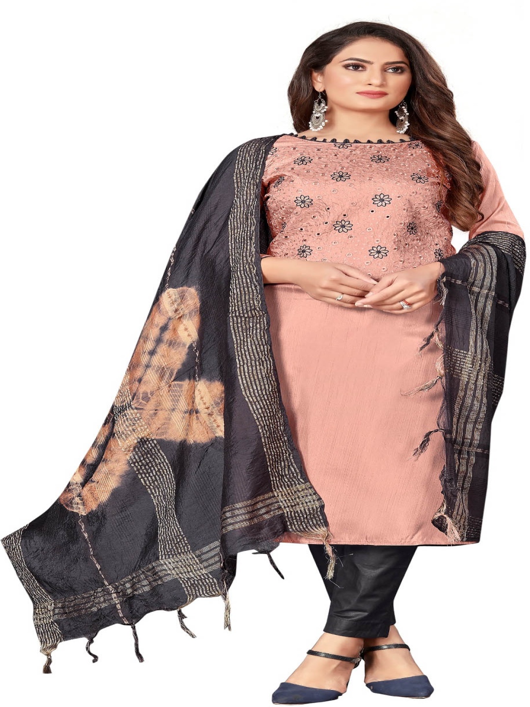 

Aika Floral Embroidered Mirror Work Pure Silk Unstitched Dress Material, Peach