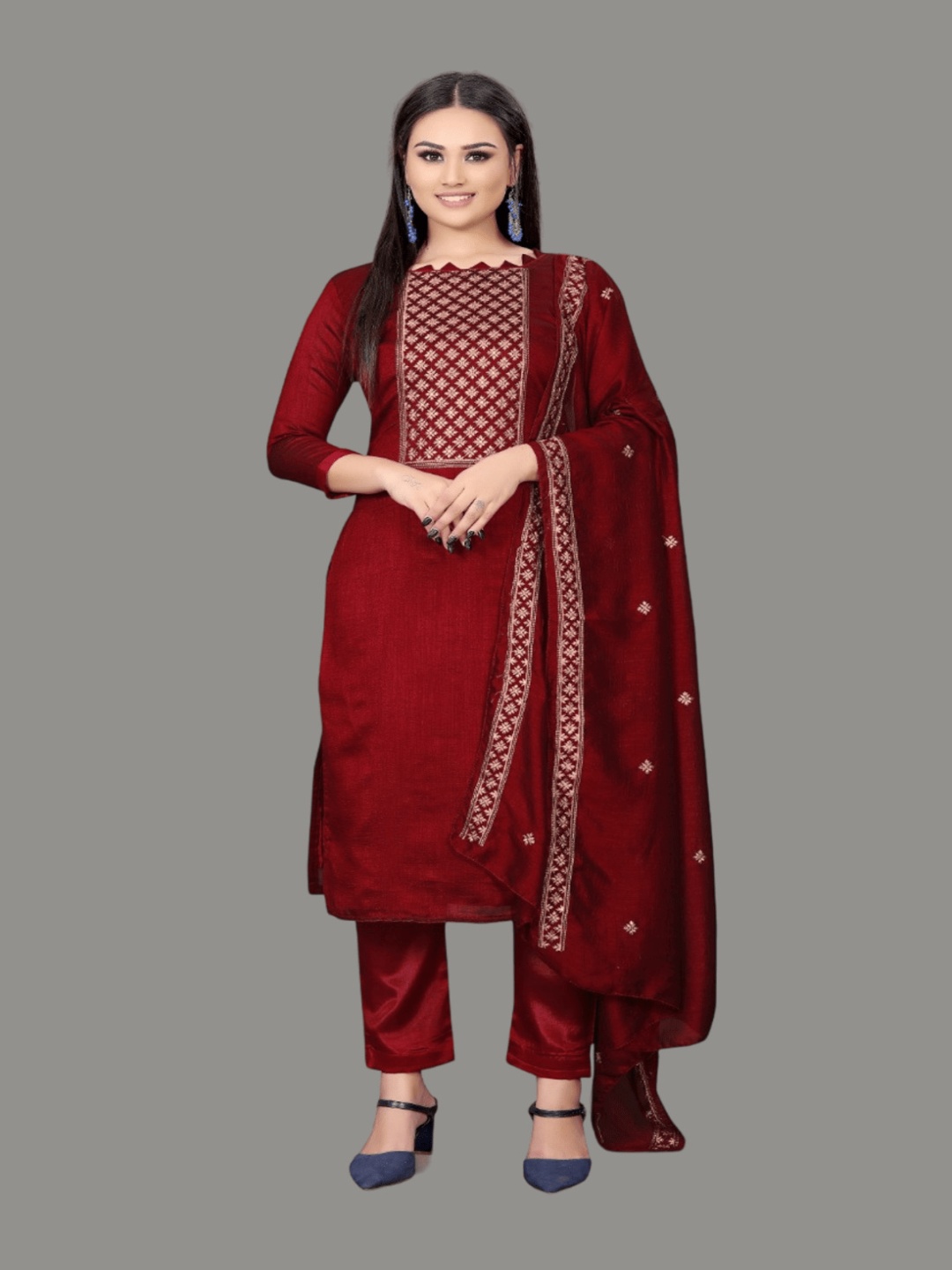 

Aika Ethnic Motifs Embroidered Pure Silk Unstitched Dress Material, Maroon