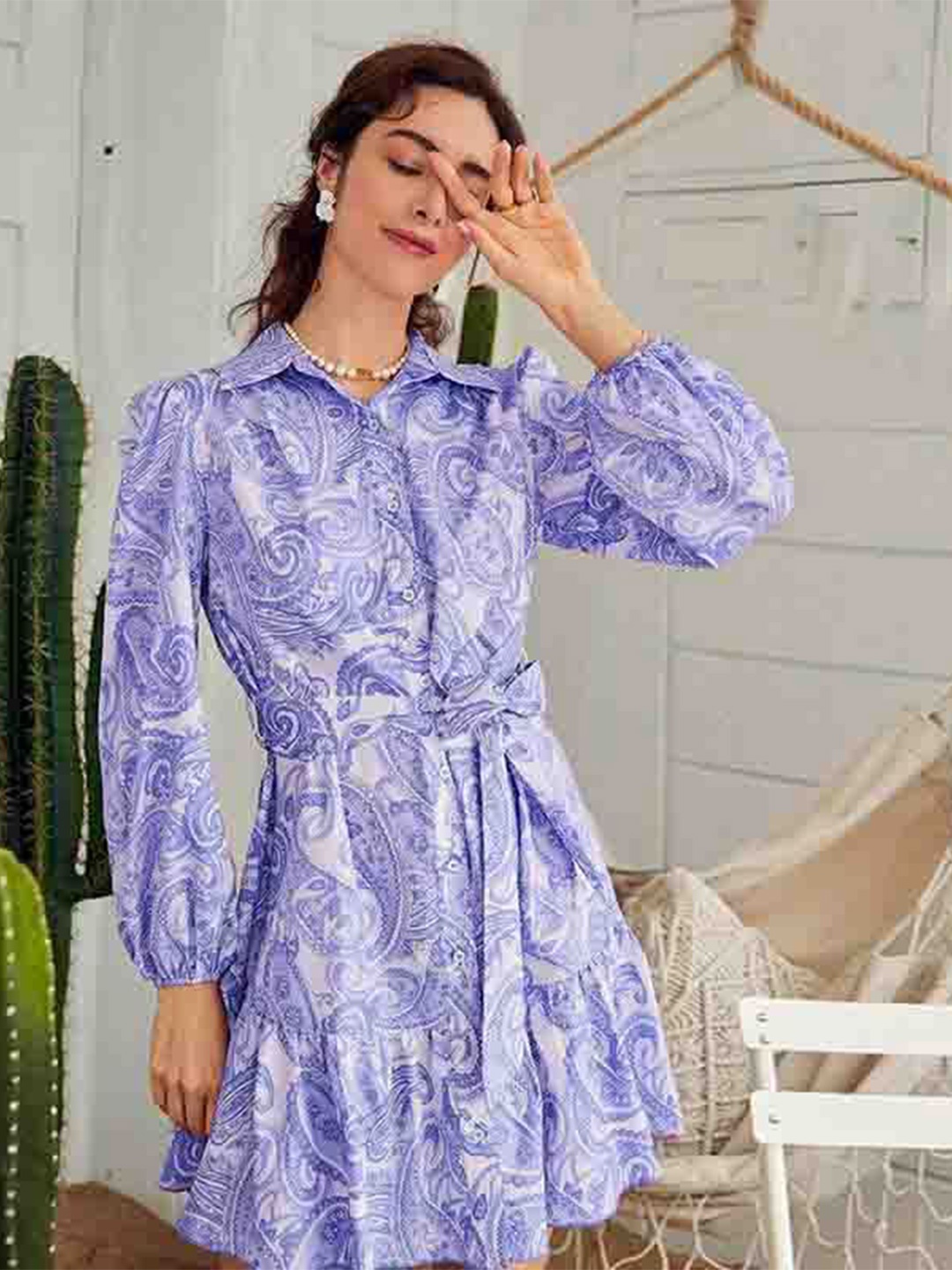 

Mast & Harbour Women Ethnic Printed Bishop Sleeves Shirt Dress, Purple