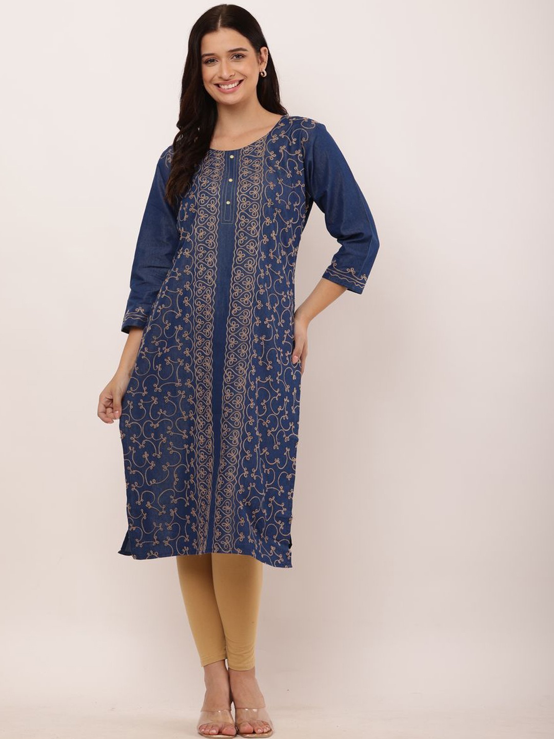 

Sellingsea Round Neck Floral Embroidered Denim Straight Kurta, Blue