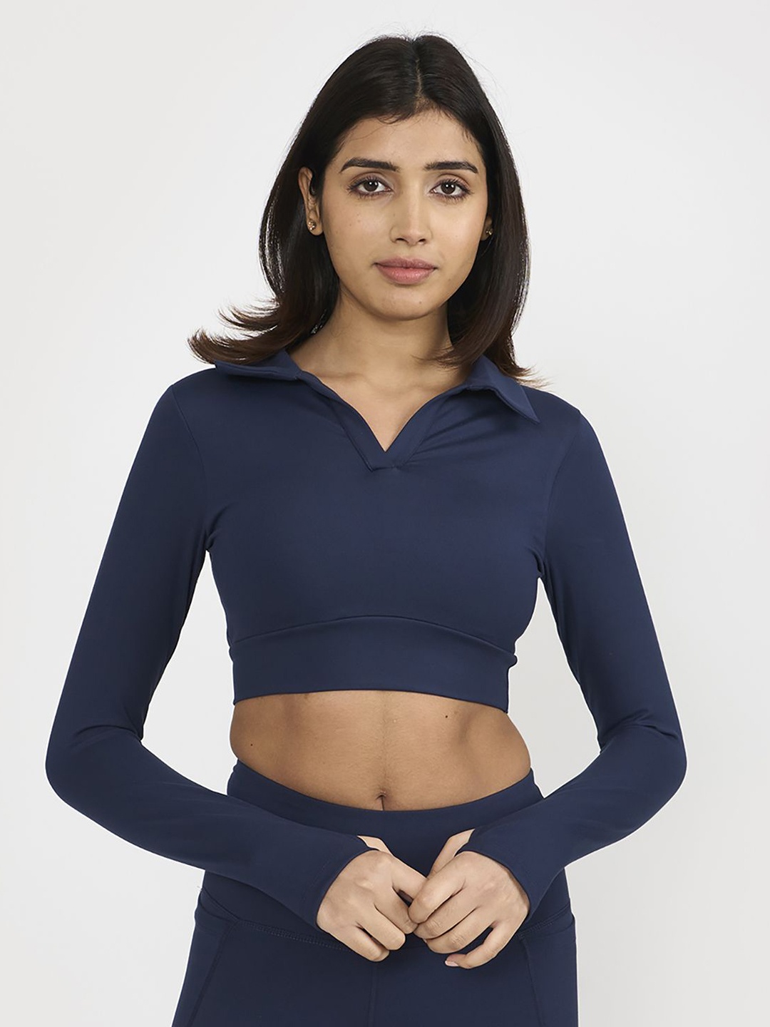 

Hunnit Zen Polo Neck Long Sleeve Active Wear Crop Top, Blue