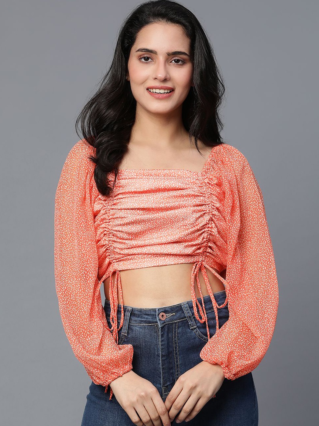 

VEGAL Printed Georgette Crop Top, Orange