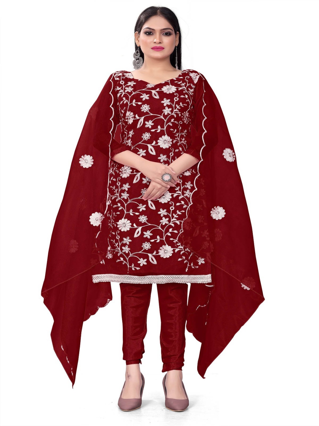 

Aika Organza Floral Embroidered Unstitched Dress Material, Maroon