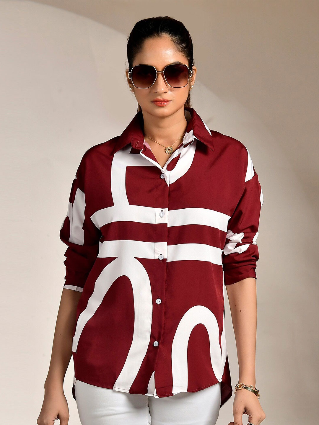 

Unityshop Women Standard Fit Spread Collar Abstract Printed Casual Shirt, Maroon