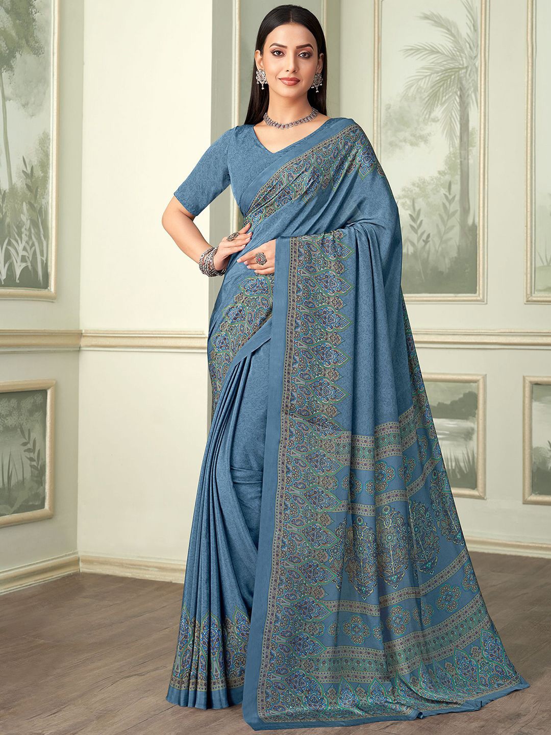 

Satrani Ethnic Motifs Pure Crepe Saree, Blue