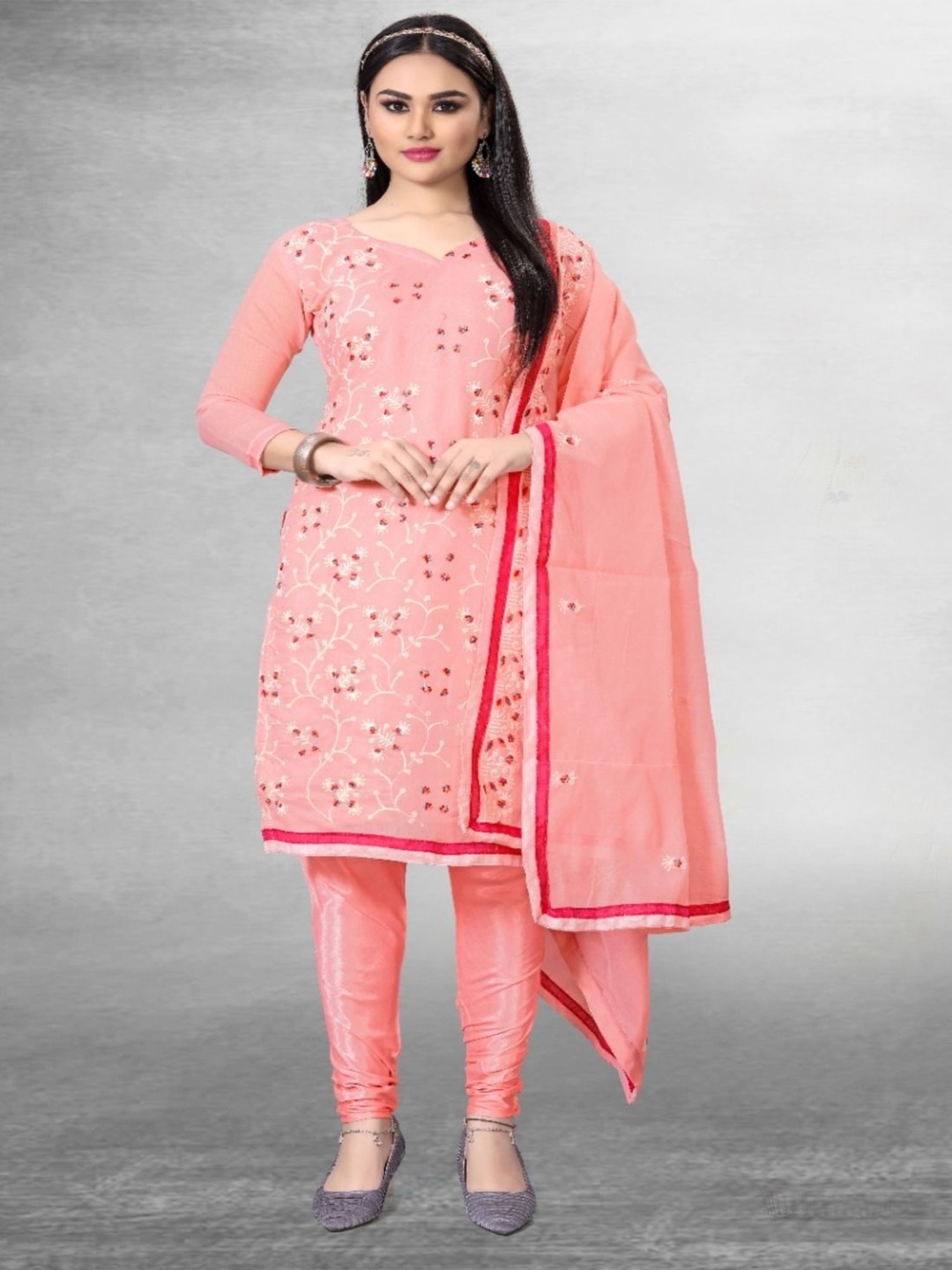 

Aika Floral Embroidered Unstitched Dress Material, Peach