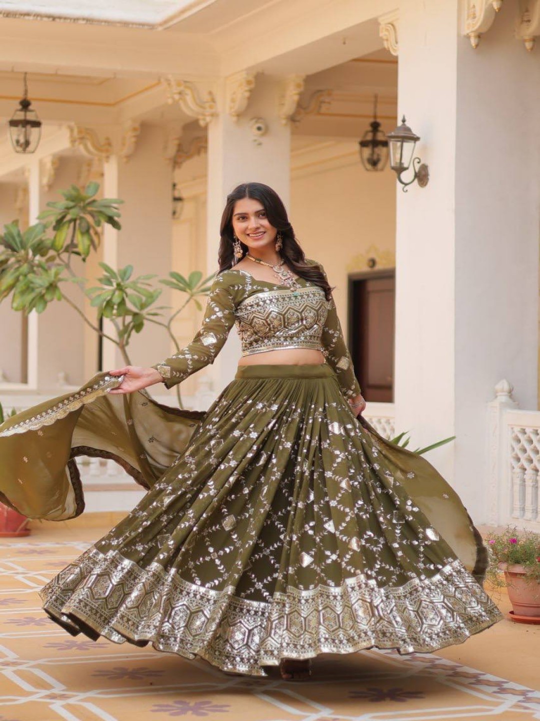 

Fashion Basket Embroidered Ready to Wear Lehenga & Unstitched Blouse With Dupatta, Green
