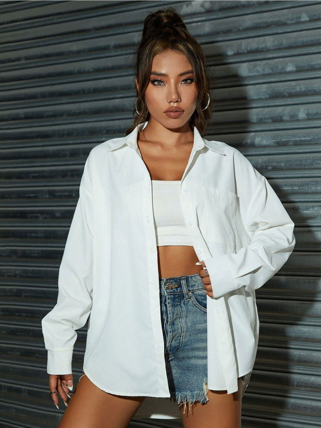 

WHY SO FAB Women Comfort Relaxed Fit Spread Collar Solid Cotton Casual Shirt, White