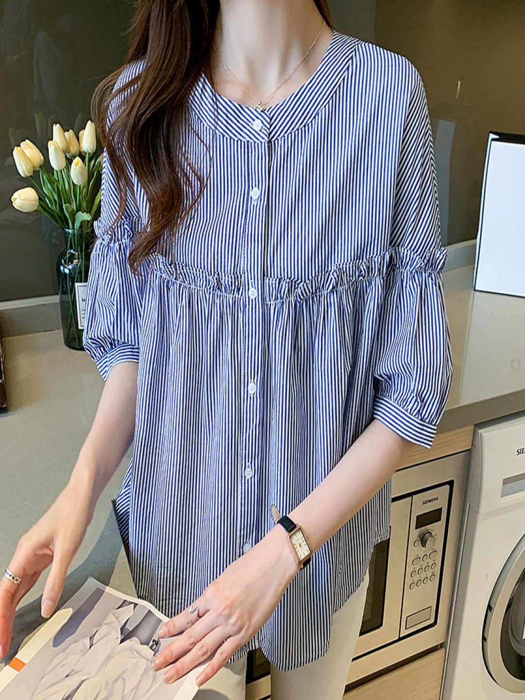 

StyleCast Women Vertical Striped Band Collar Cotton Casual Shirt, Blue