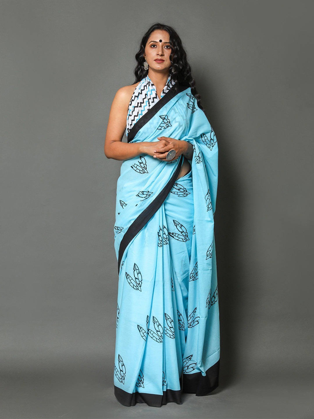 

Craft Musium Floral Pure Cotton Bagru Saree, Blue