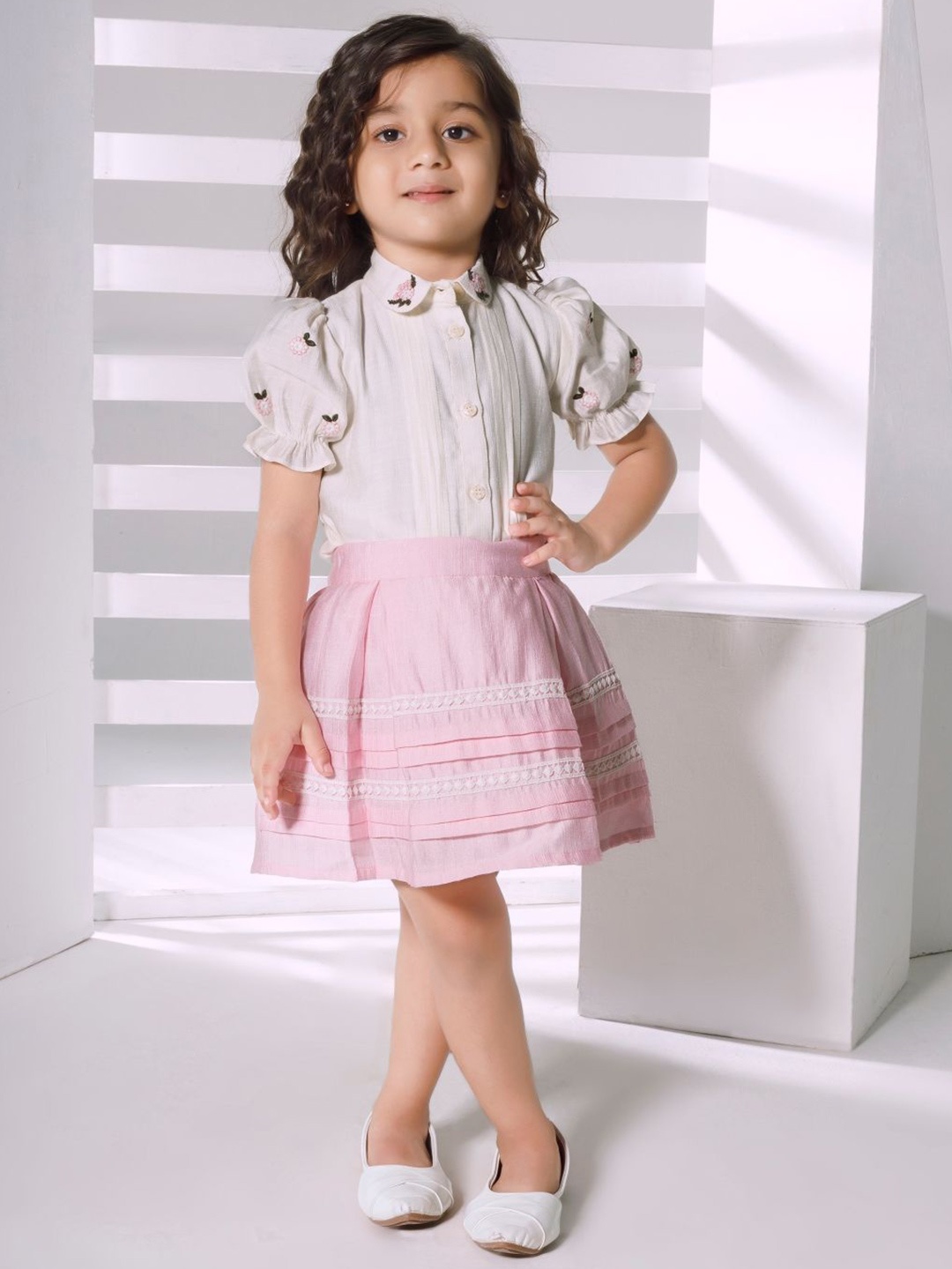 

Peppermint Amazing Autumn Girls Shirt Collar Linen Shirt With Skirt, Pink