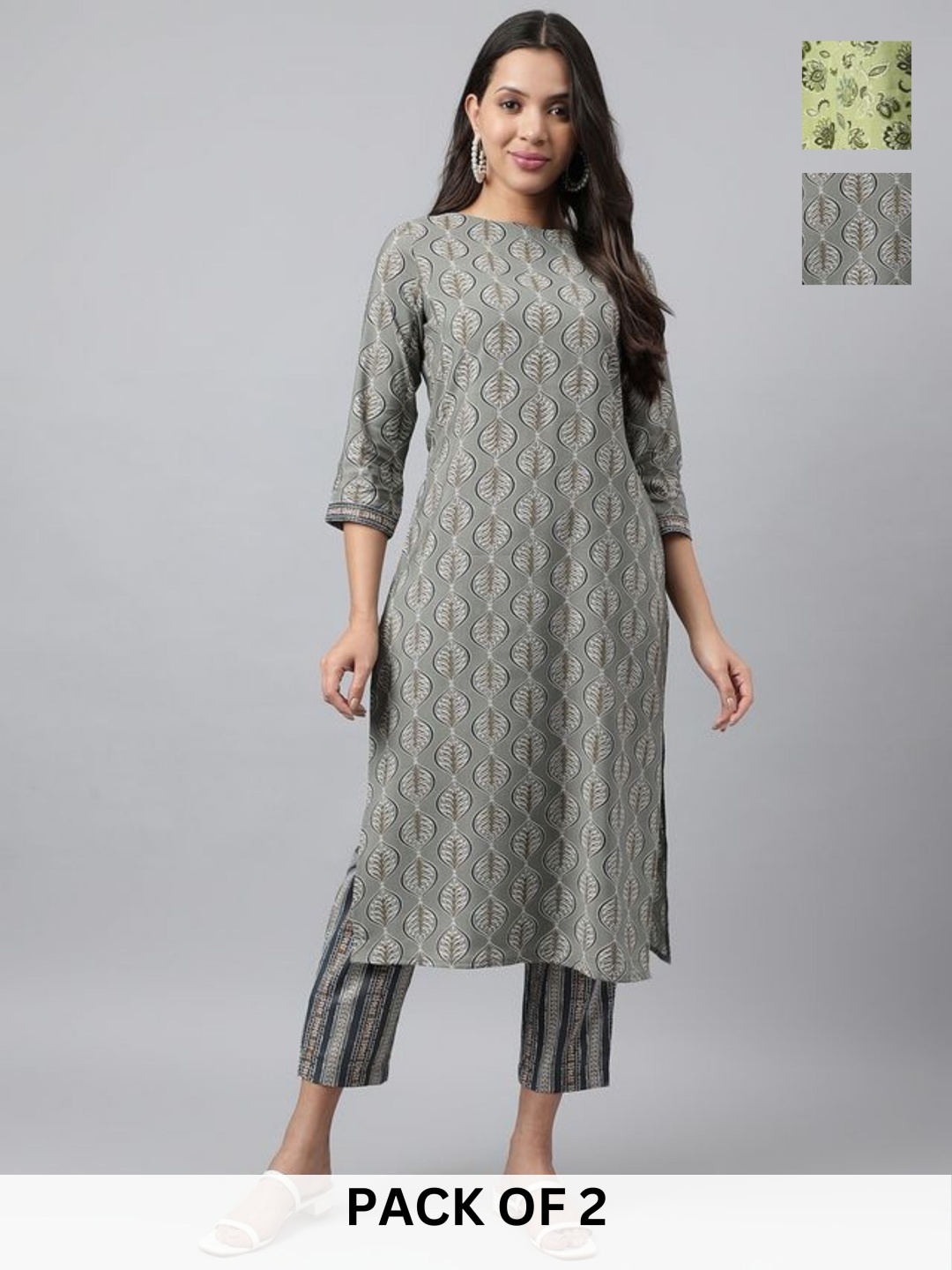 

KALINI Selection Of 2 Floral Printed Round Neck Straight Kurtas With Trousers, Grey
