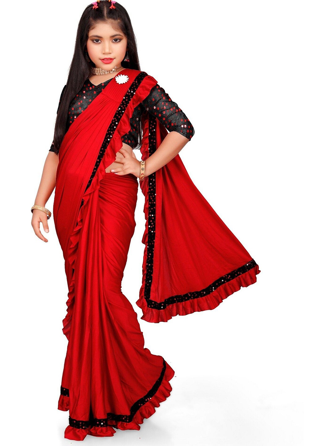 

Aika Girls Embellished Border Ruffles Saree, Red