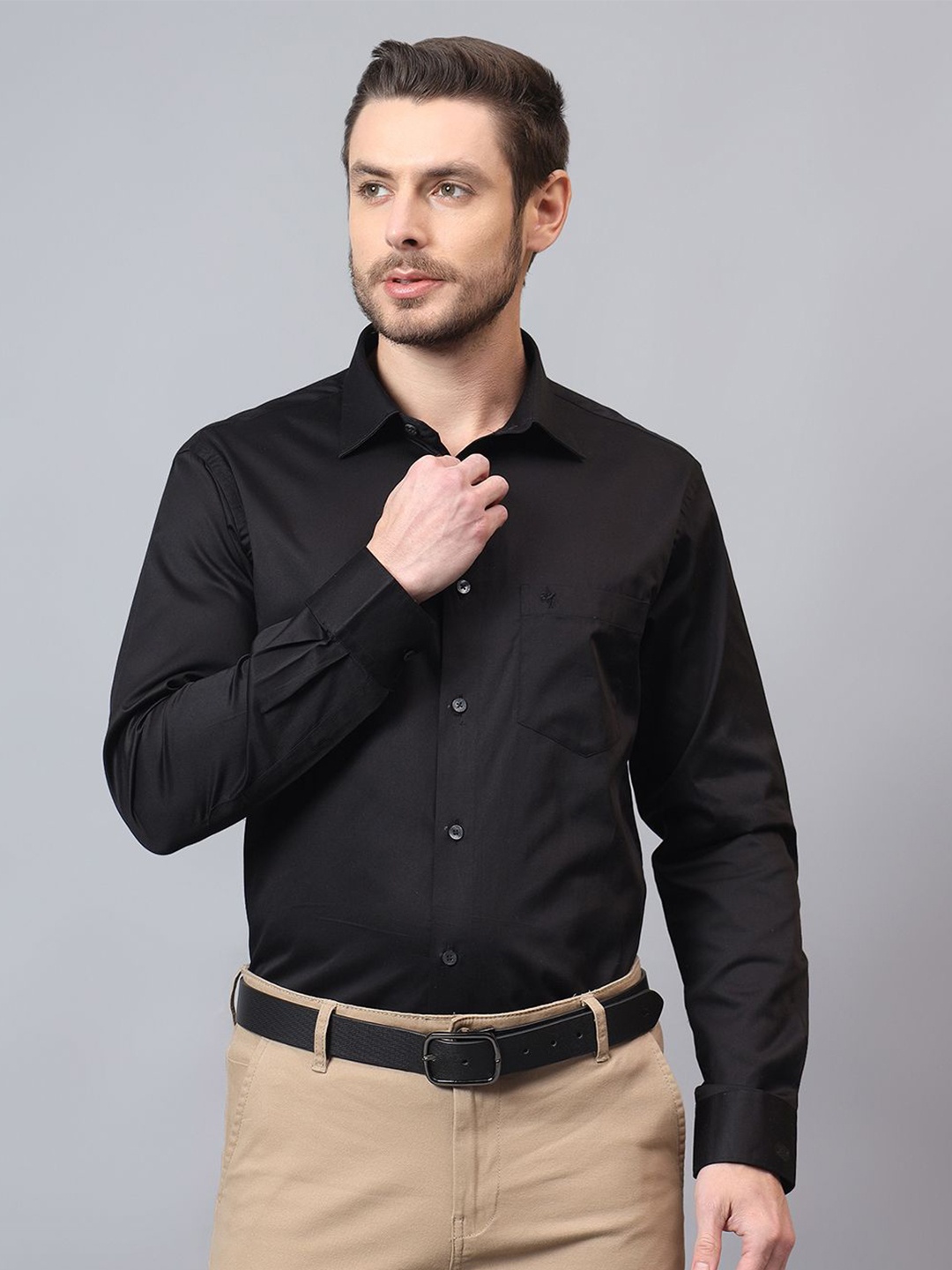 

Cantabil Men Slim Fit Spread Collar Solid Cotton Formal Shirt, Black