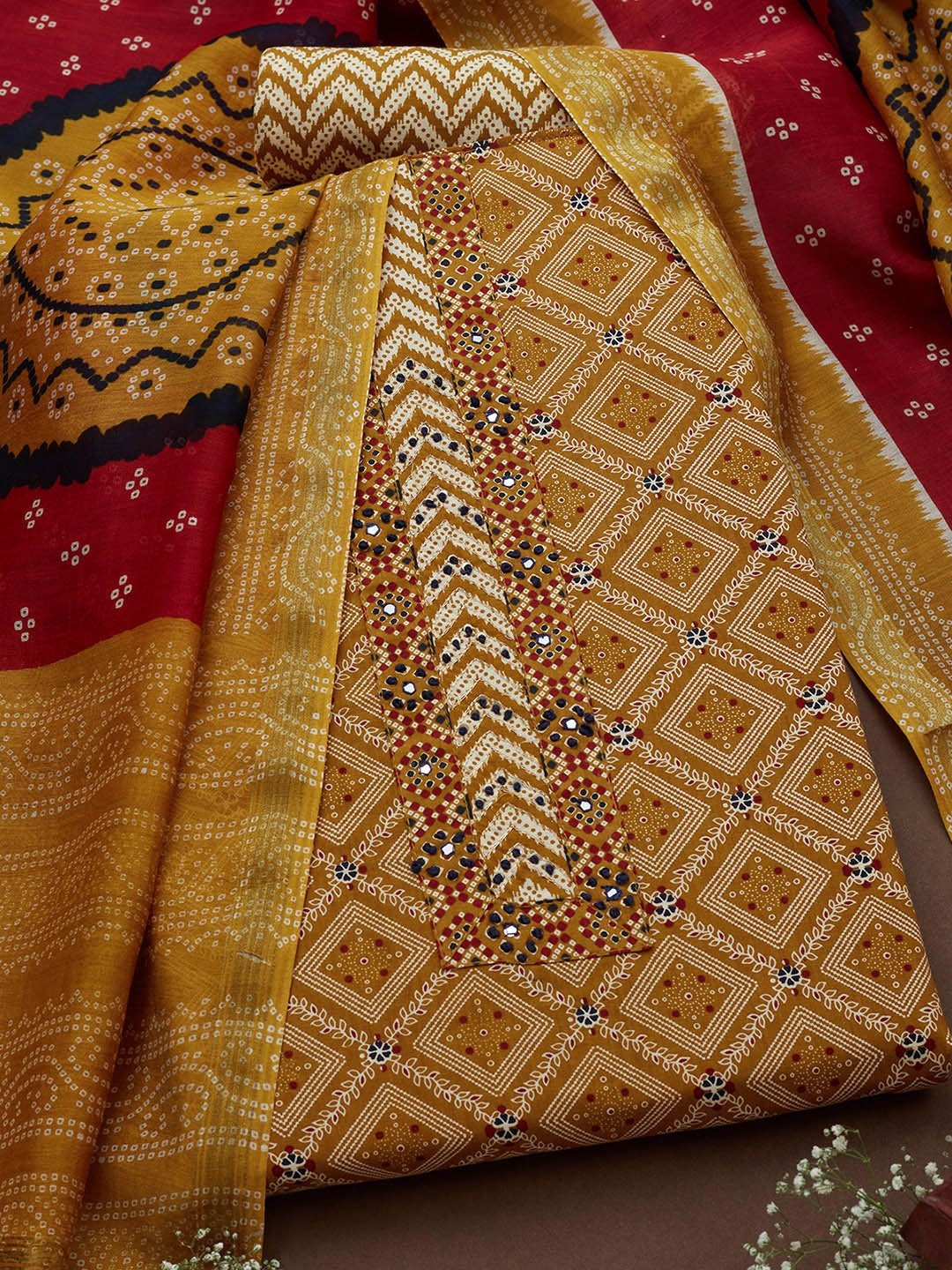 

Soch Ethnic Motifs Printed Mirror Work Unstitched Dress Material, Mustard
