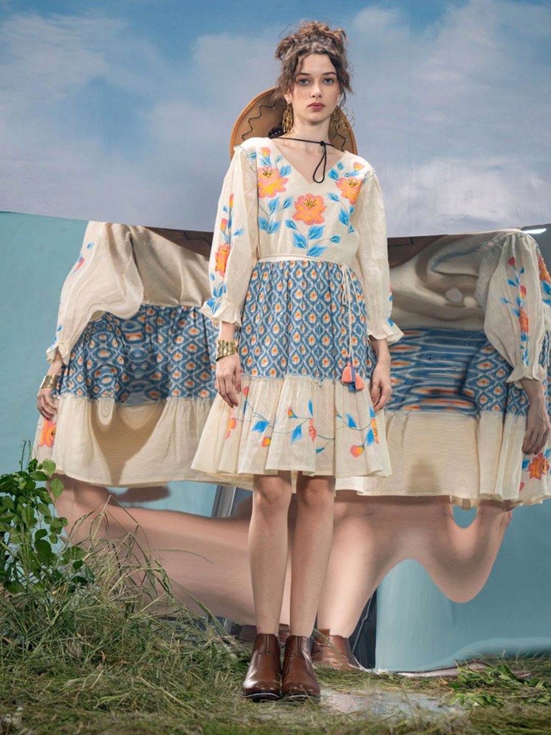 

FREYAA Floral Printed A-Line Dress, Beige