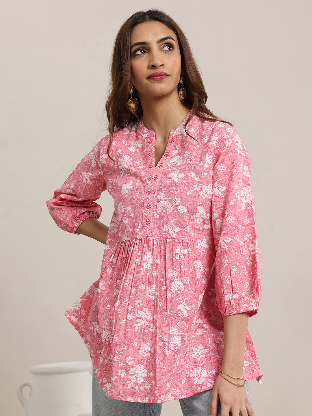 

Libas Floral Printed Mirror Work Mirror Work Pleated Anarkali Kurti, Pink