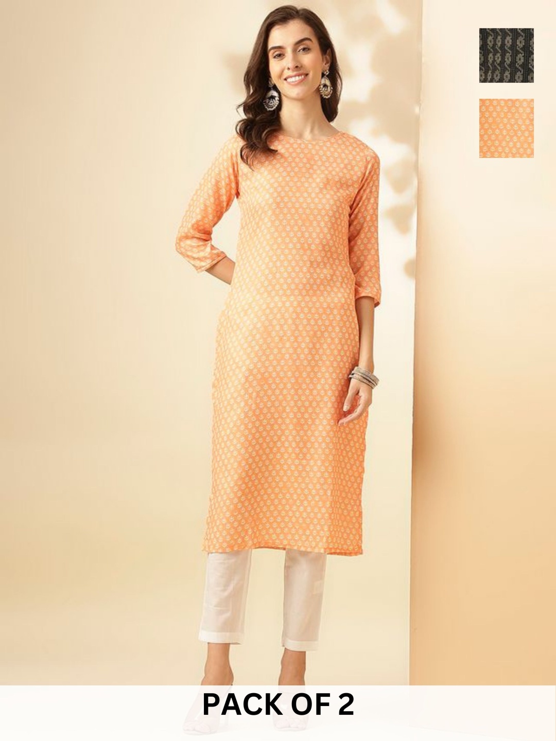 

KALINI Selection Of 2 Floral Printed Straight Kurta With Trousers, Orange