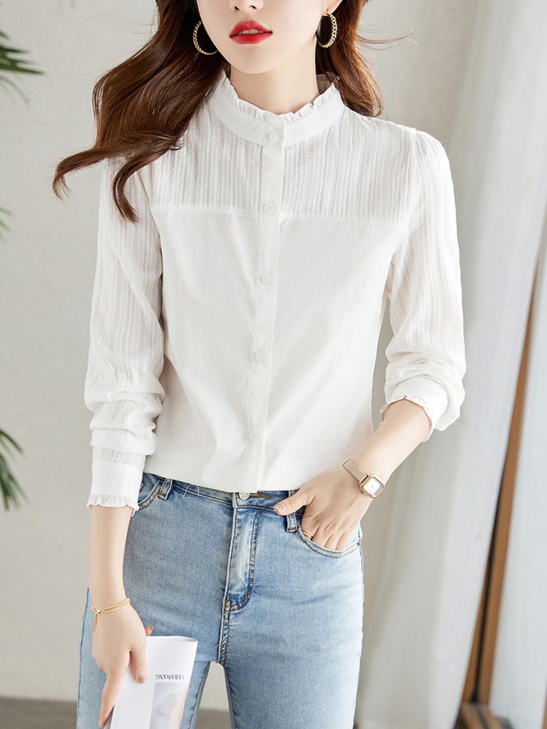 

StyleCast Women Solid Band Collar Cotton Casual Shirt, White