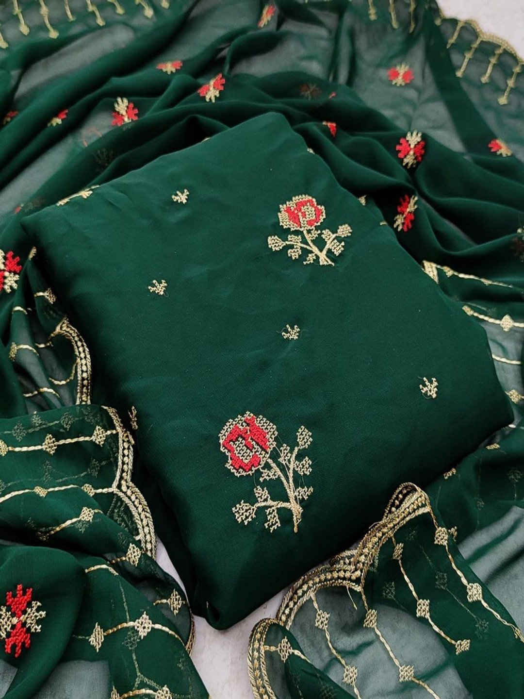 

Aika Floral Embroidered Silk Georgette Unstitched Dress Material, Green